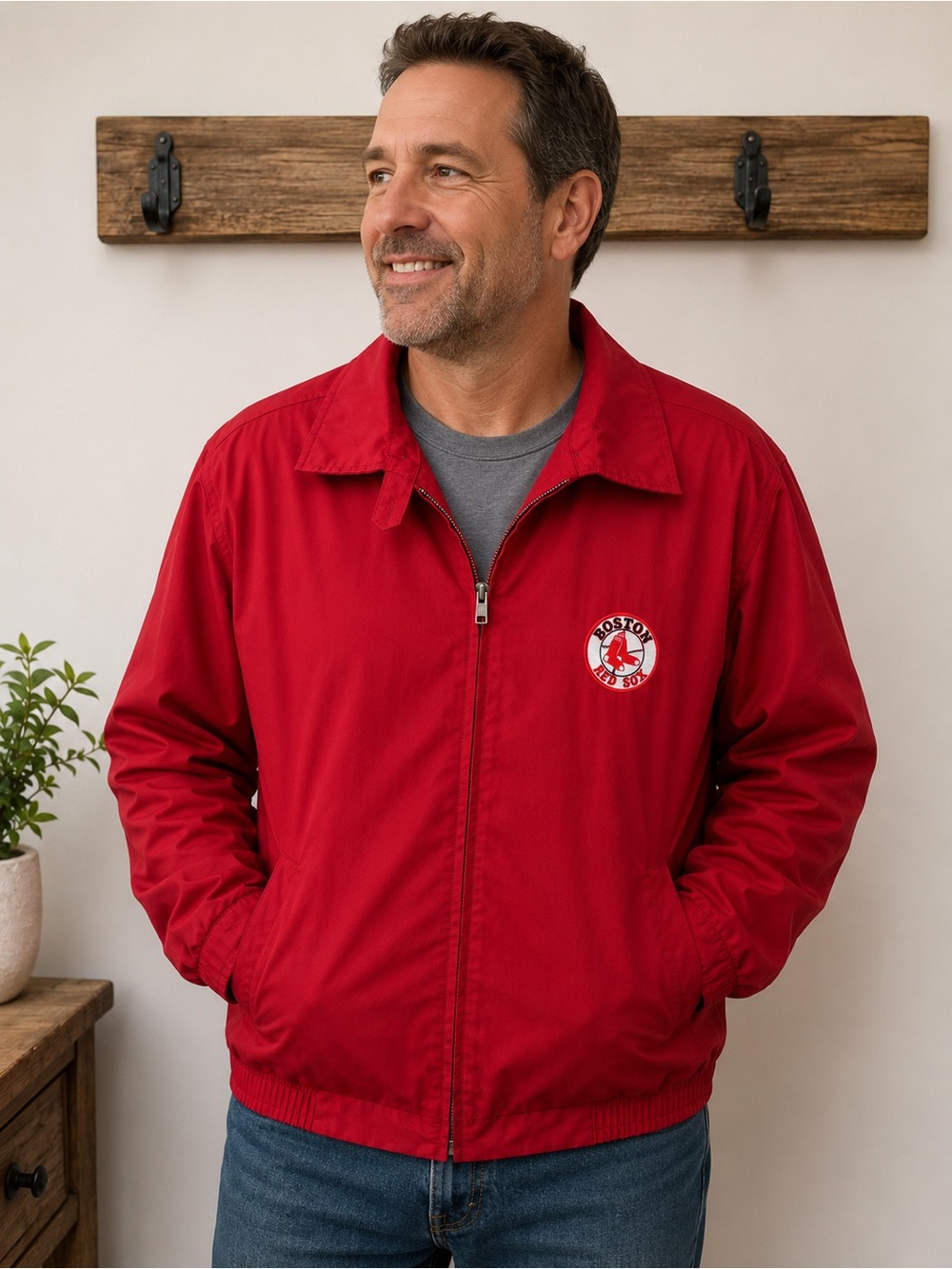 Antigua Red Boston-Logo Zip Bomber Jacket